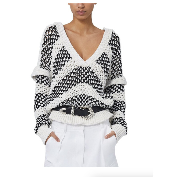 IRO Sweaters - IRO Black & White Open Weave V-Neck Sweater